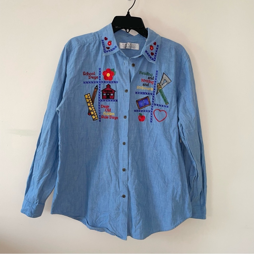 Karen Scott Chambray Cotton Button Down Shirt School Embroidery Size Large - Picture 1 of 7